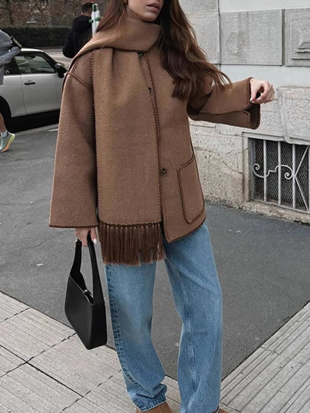 Fashion Solid Color Scarf-Neck Wool Short Coat