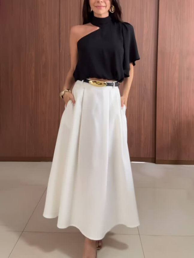 Elegant Asymmetrical Collar Shirt & Skirt Two-Piece Set