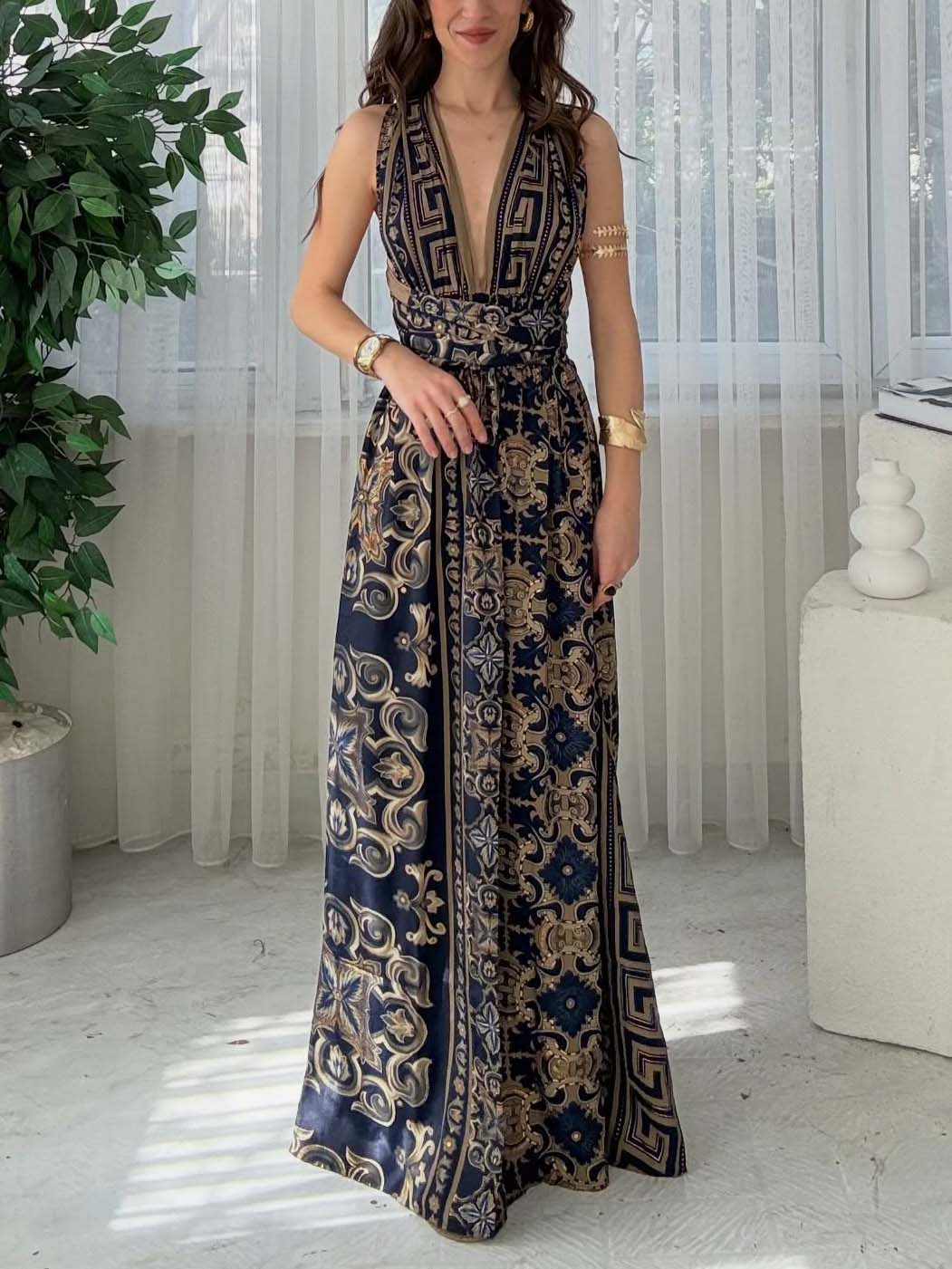 Elegant Deep V-neck Bohemian Print Maxi Dress