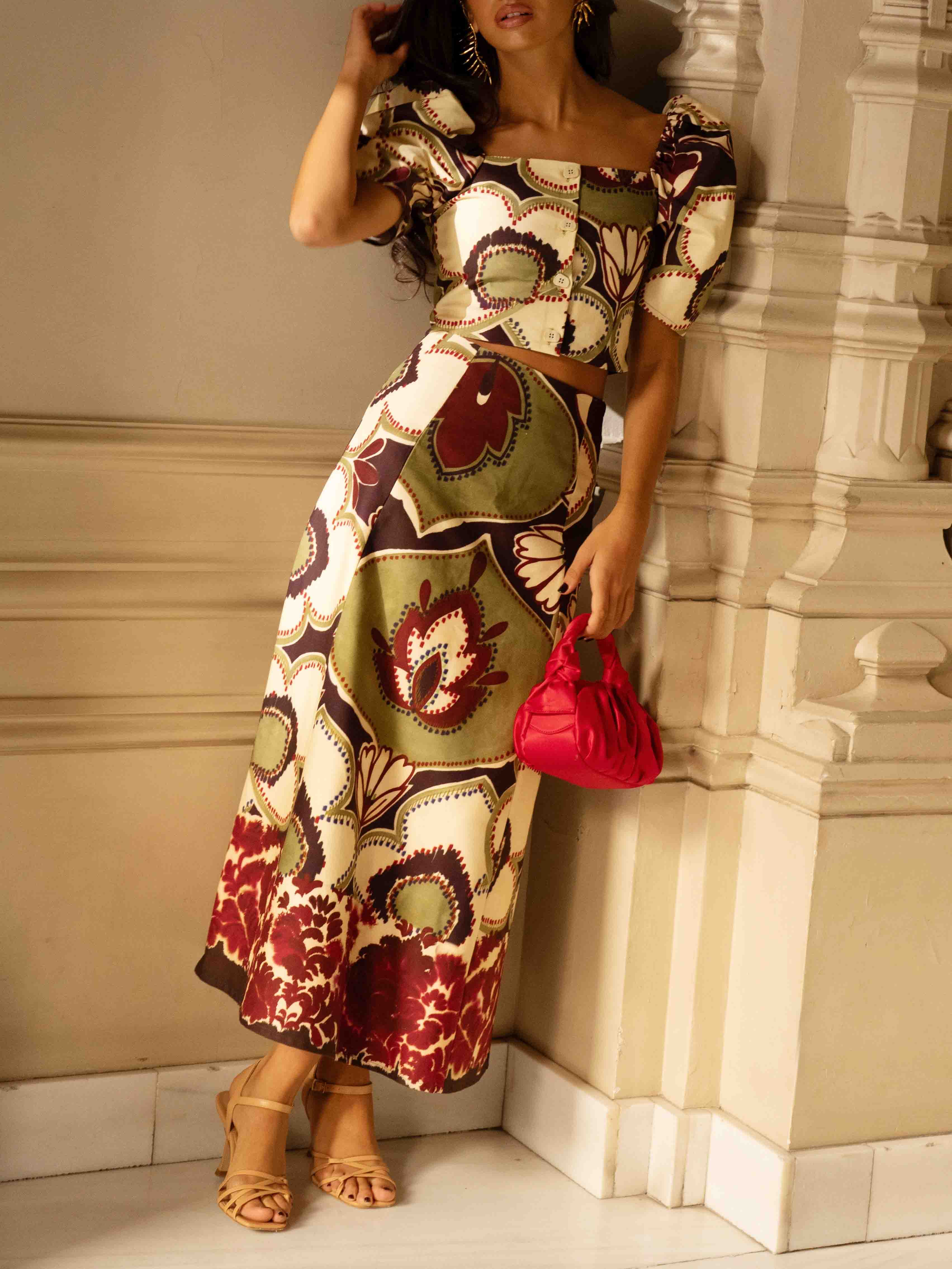 Elegant Retro Floral Puff Sleeve Skirt Two-Piece Set