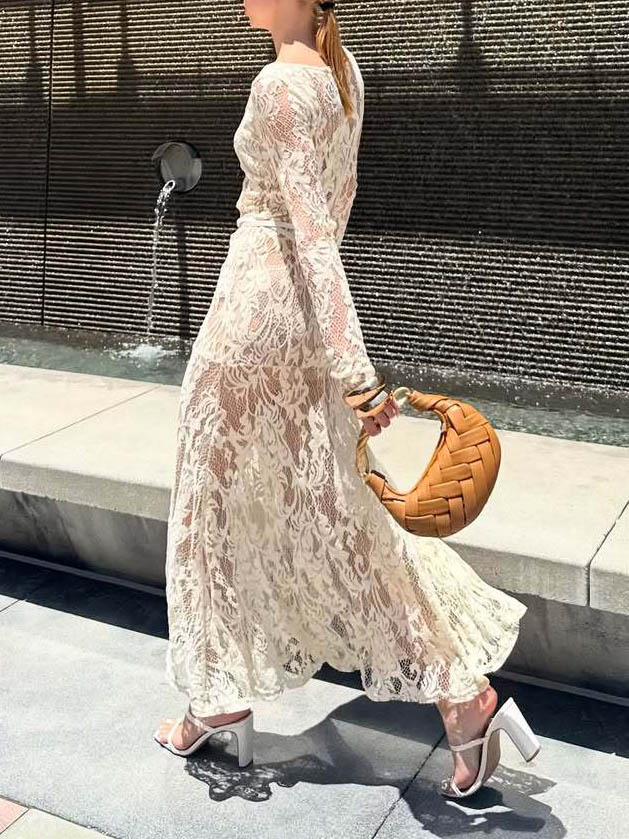 Exquisite Lace Square-neck Long-sleeved Maxi Dress