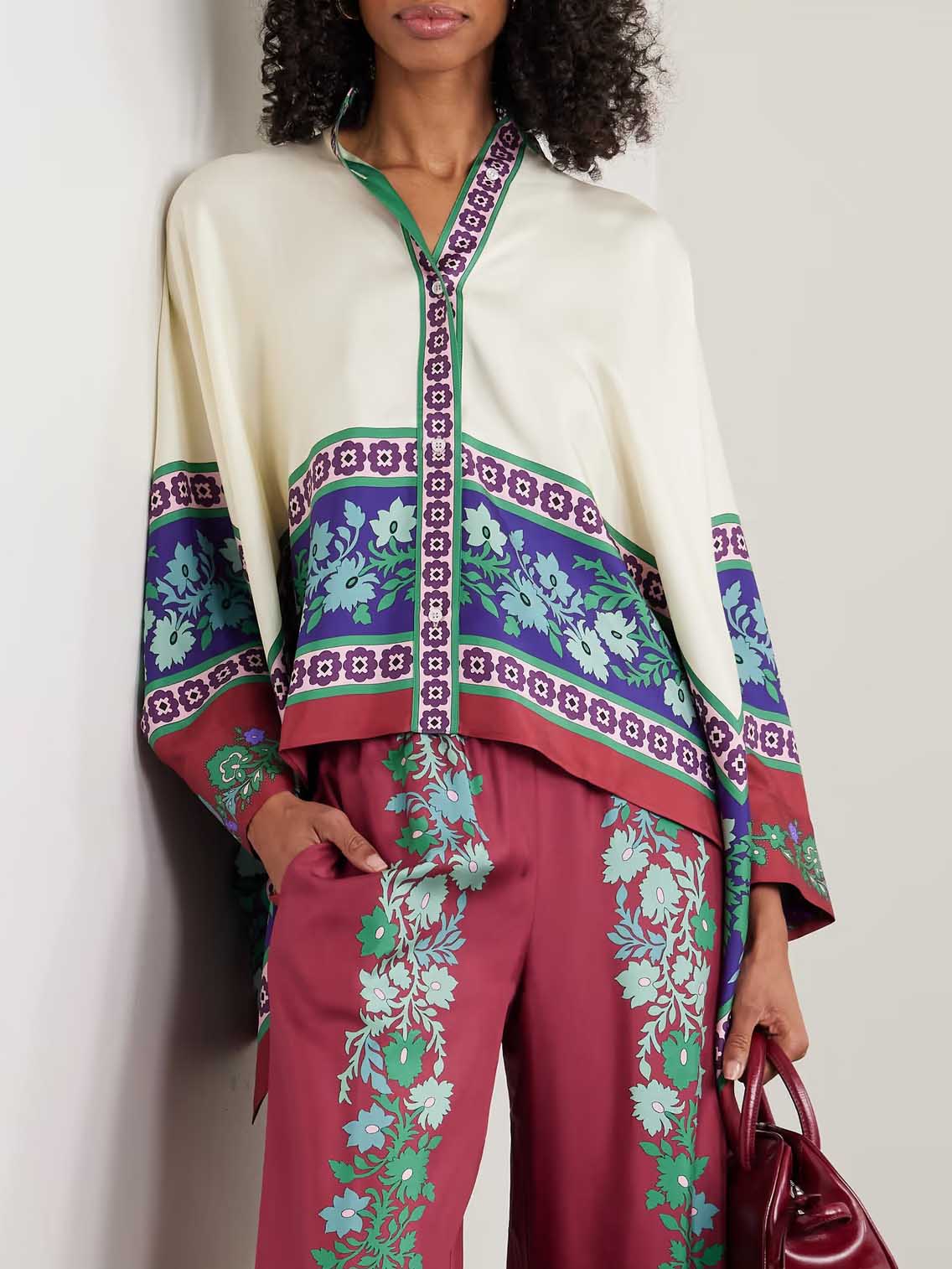 Exquisite Retro Satin Print Batwing Sleeve Shirt