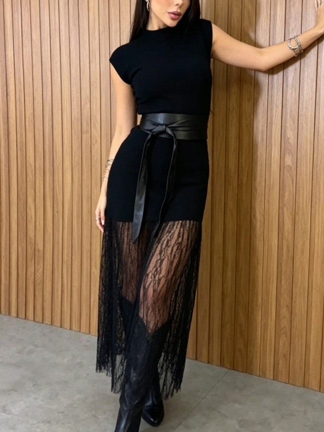 Sleeveless Lace Panel Maxi Dress