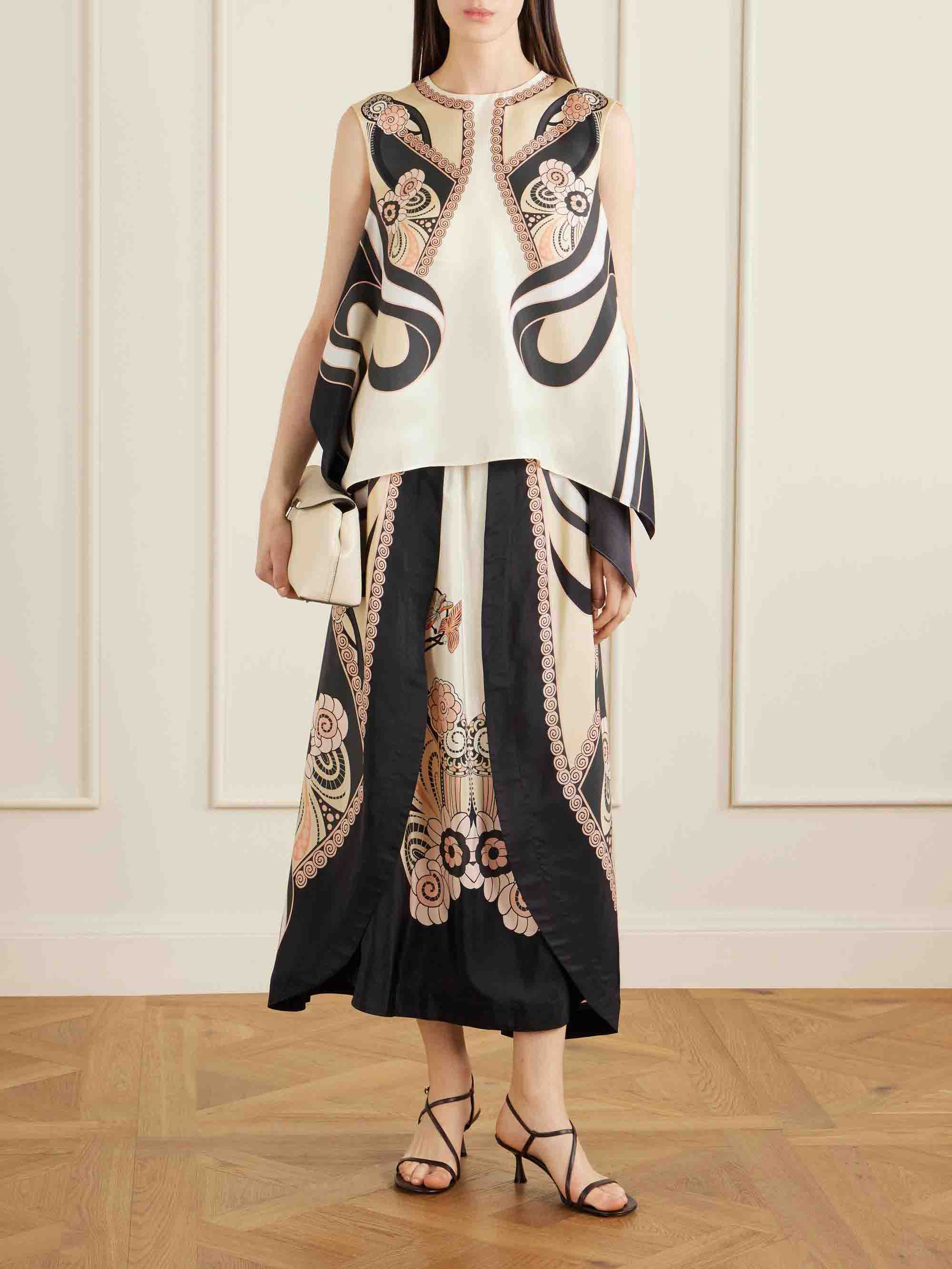 Elegant Satin Abstract Print Asymmetrical Top & Skirt Two-Piece Set