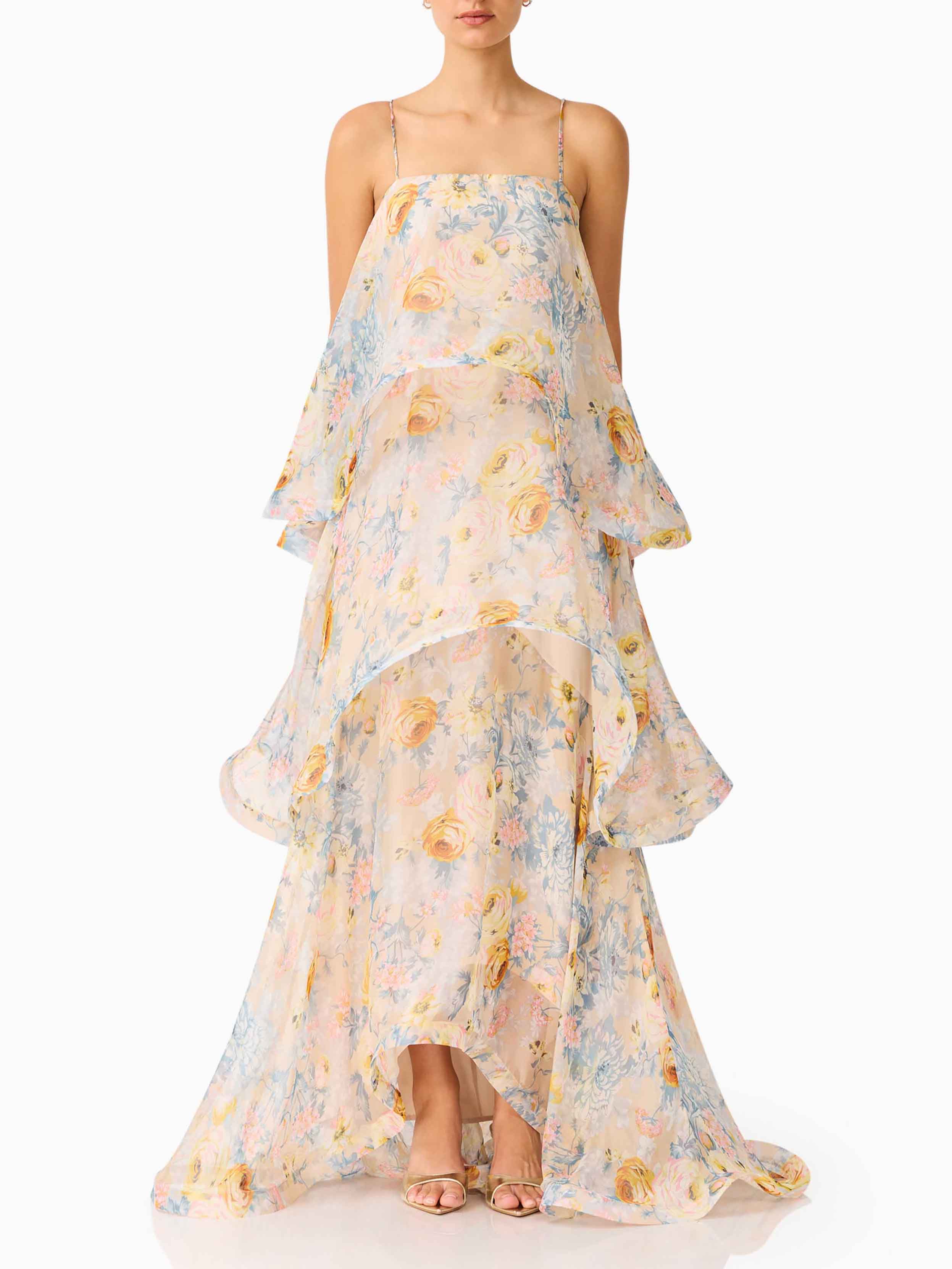 Elegant Floral Print Layered Chiffon Flowing Maxi Dress