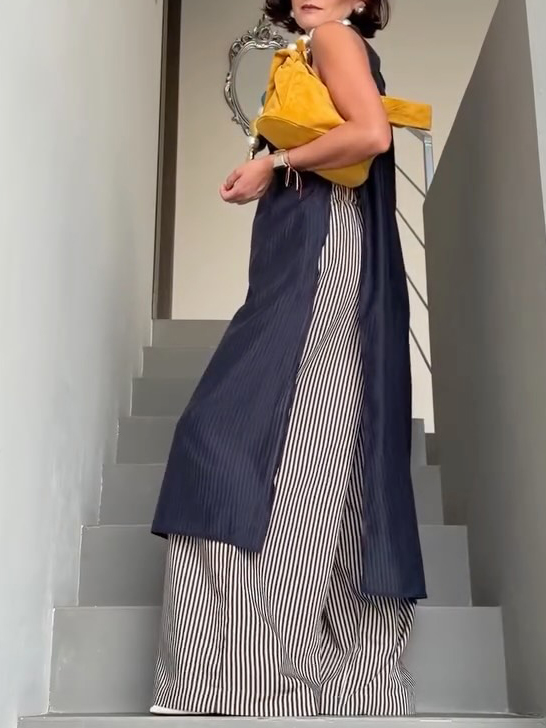 Minimalist Sleeveless Longline Top & Striped Wide-Leg Pants Two-Piece Set