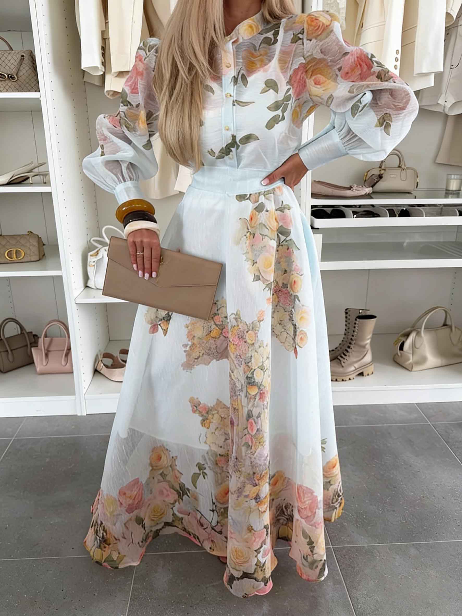 Elegant Sheer Floral Print Top & Skirt Two-Piece Set