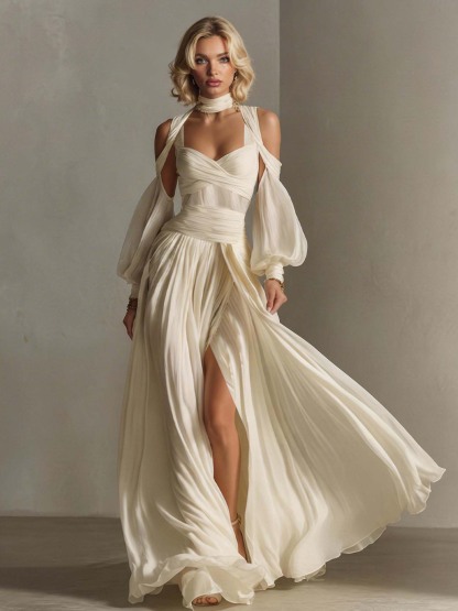 Elegant Off-Shoulder Puff Sleeve High-Slit Flowing Maxi Dress