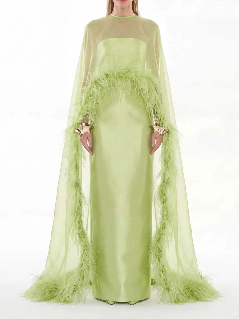 Elegant Sheer Chiffon Shawl Black Satin Maxi Dress