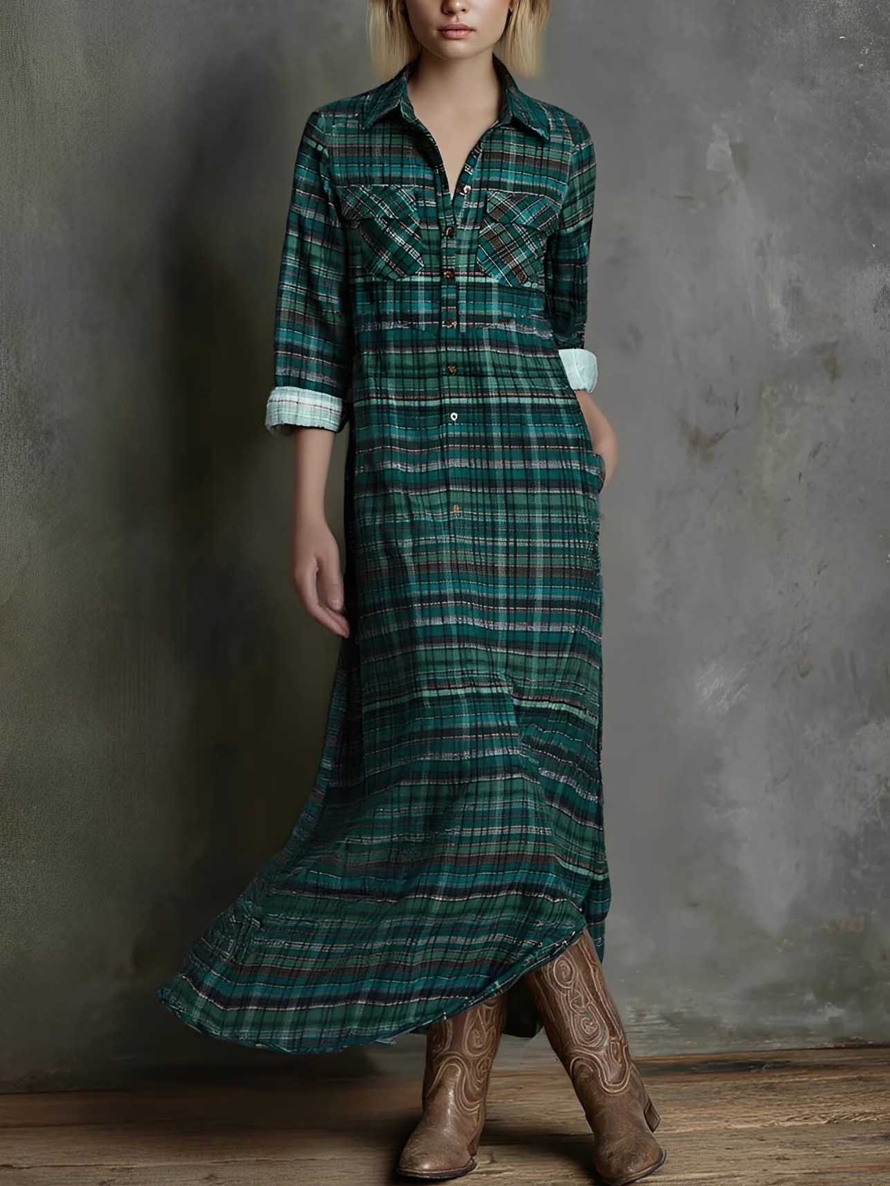 Retro Plaid Collared Single-breasted Shirt Dress