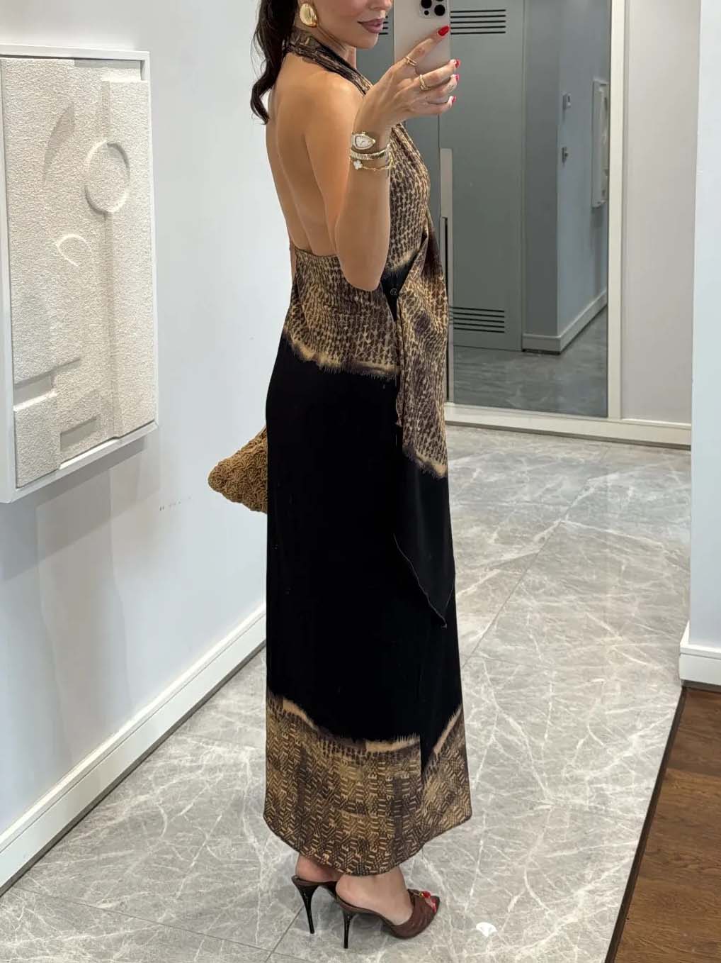 Back-inspired Gradient Print Asymmetrical Draped Maxi Dress