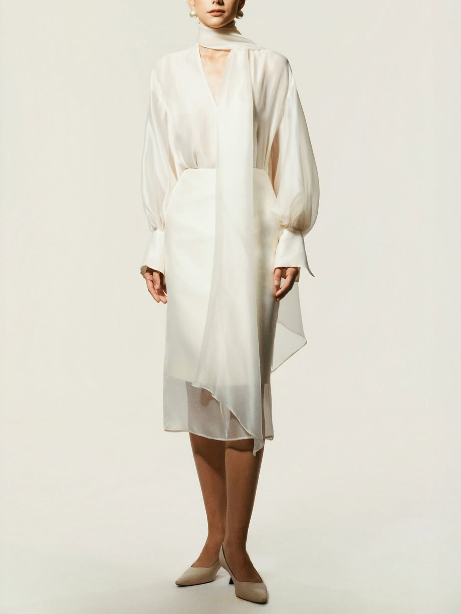 Elegant Sheer Scarf Blouse & Layered Midi Skirt Set