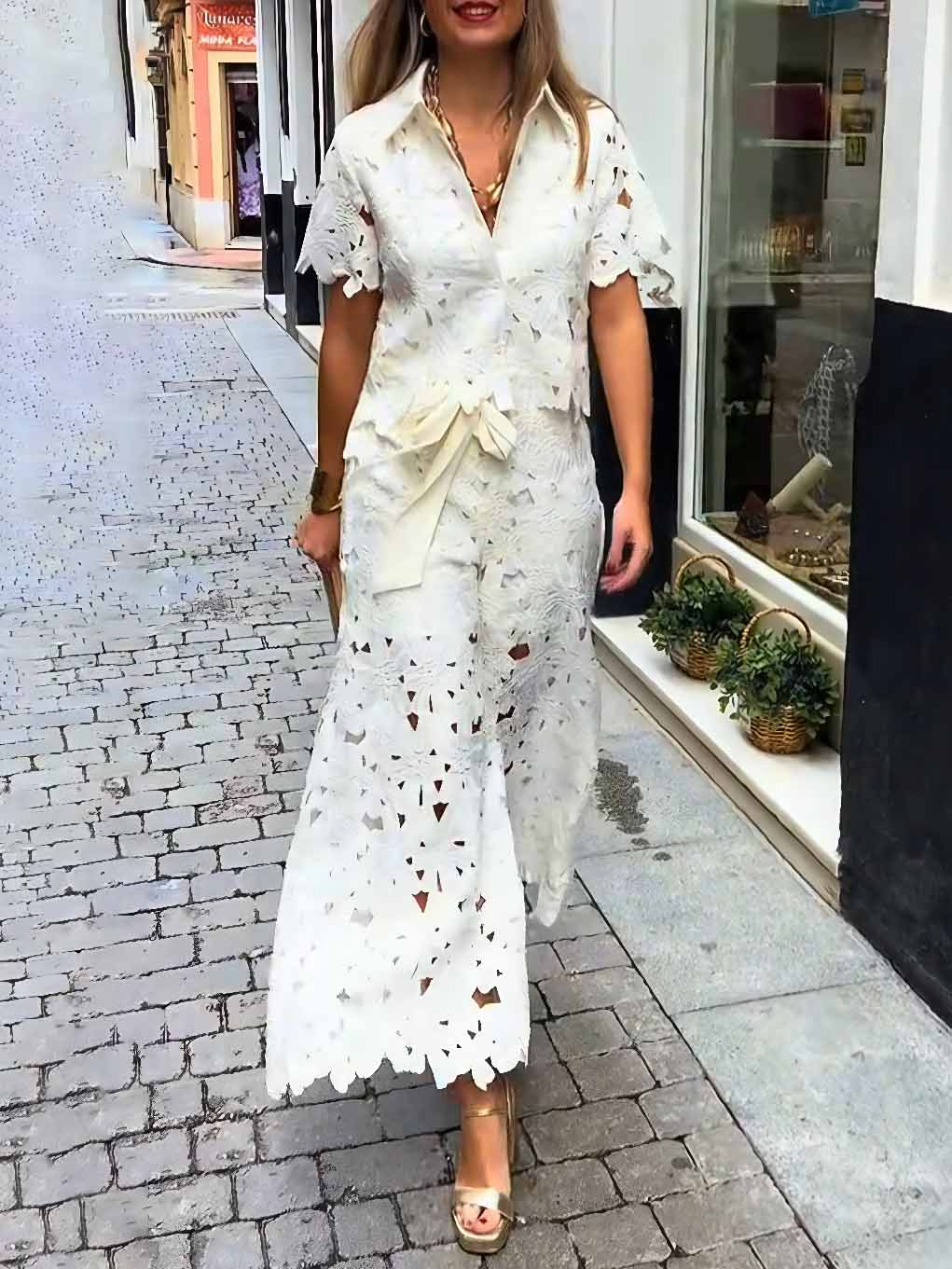 Casual Cutout Lace Shirt & Wide-Leg Pants Two-Piece Set