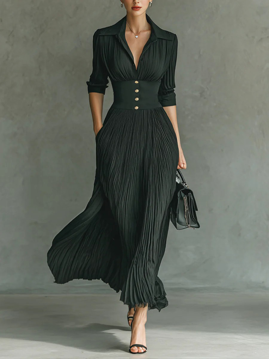 Elegant Pleated Lapel Long-sleeved Maxi Dress