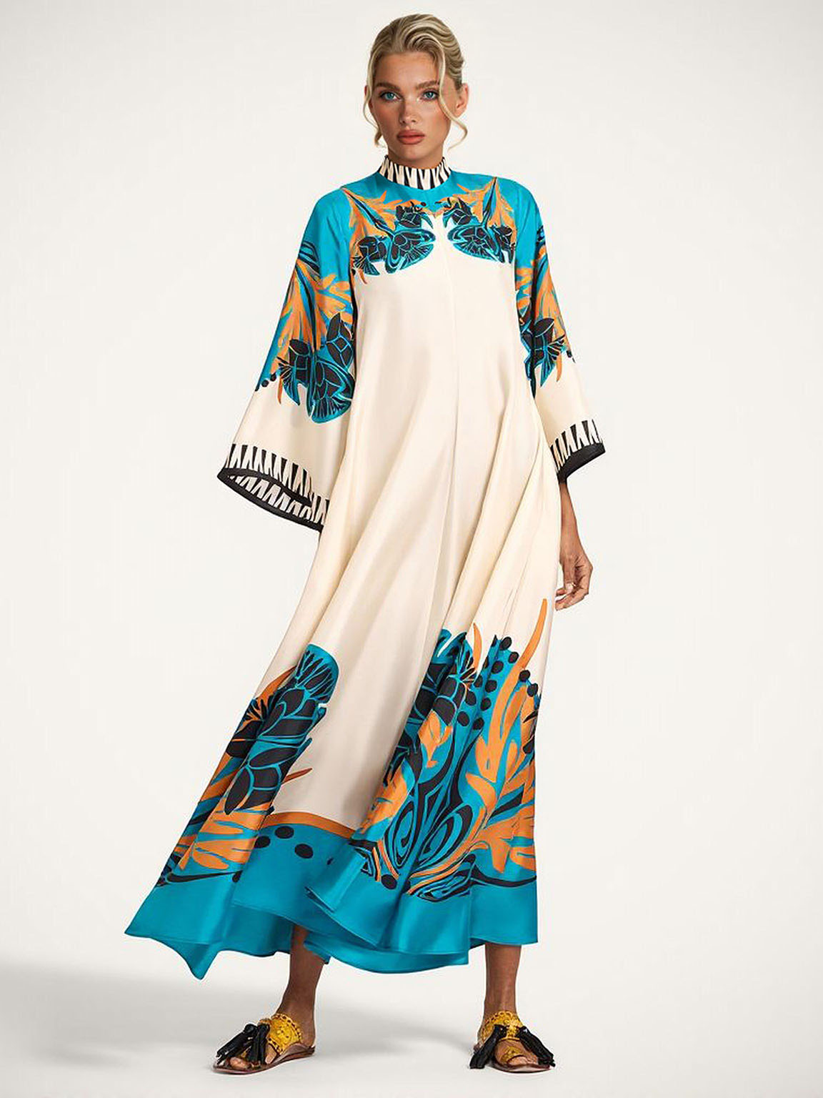 Exquisite Satin Vintage Floral Print Flowing Maxi Dress