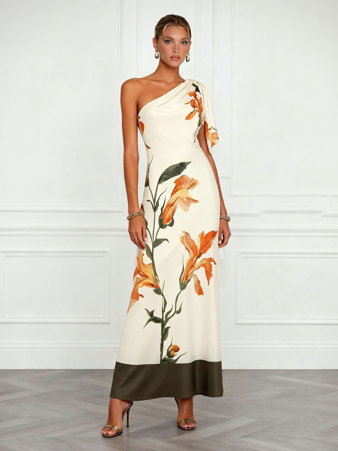 Elegant One-Shoulder Botanical Print Maxi Dress