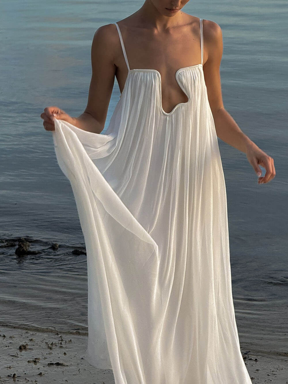 Fashion Flowy Chiffon Plunging Chest Cutout Slip Loose Maxi Dress