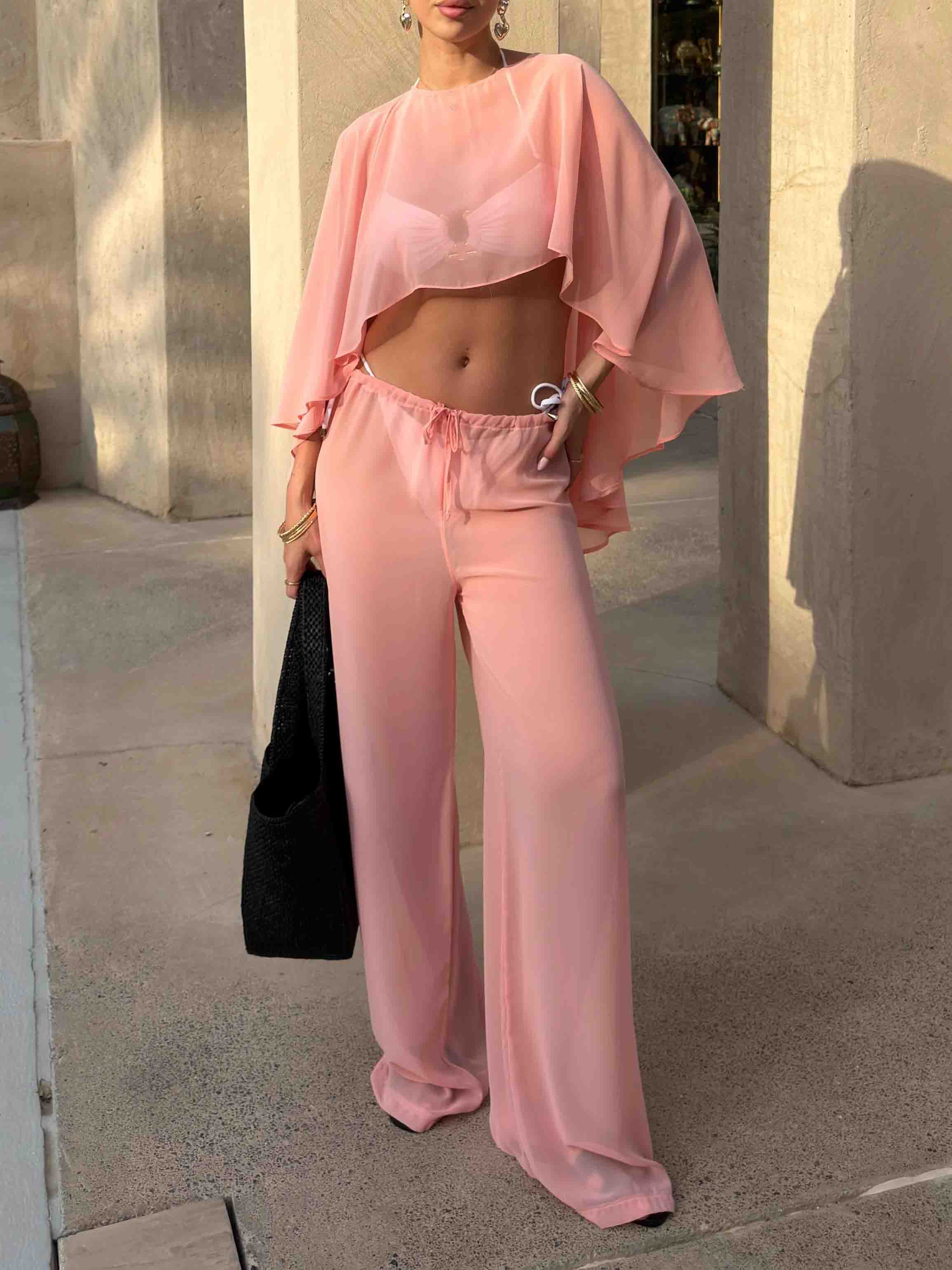 Elegant Sheer Cape Sleeve Crop Top & Wide-Leg Pants Beach Two-Piece Set