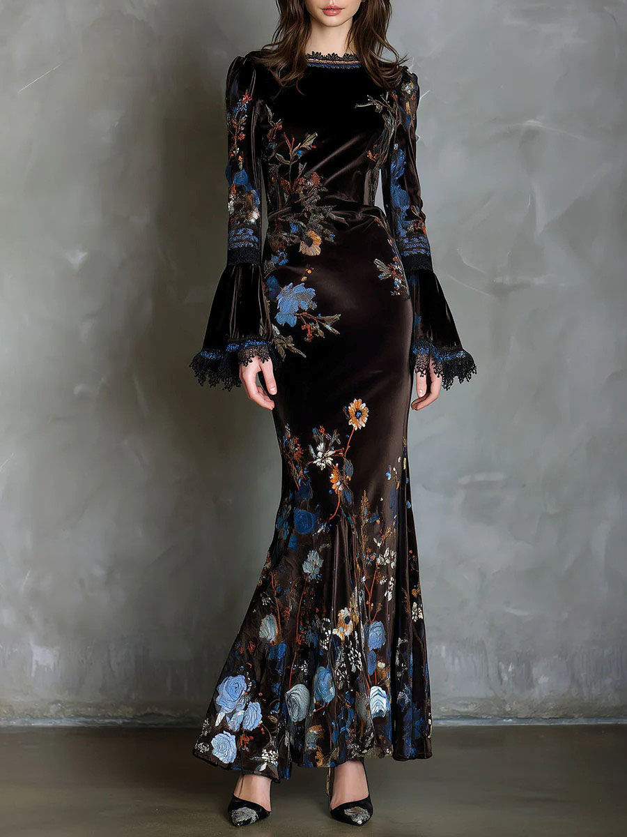 Elegant Velvet Floral Print Lace Flared Sleeve Fishtail Maxi Dress