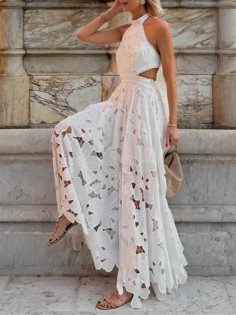 Exquisite Lace Crochet Backless Tie Maxi Dress
