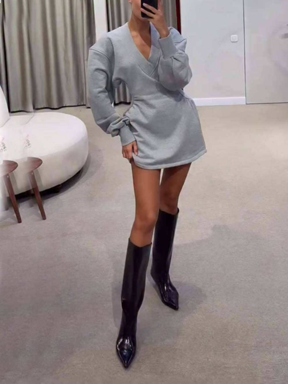 Casual Stroll Ribbed V-neck Long Sleeve Waisted Sporty Mini Dress