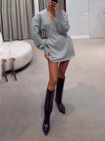 Casual Stroll Ribbed V-neck Long Sleeve Waisted Sporty Mini Dress