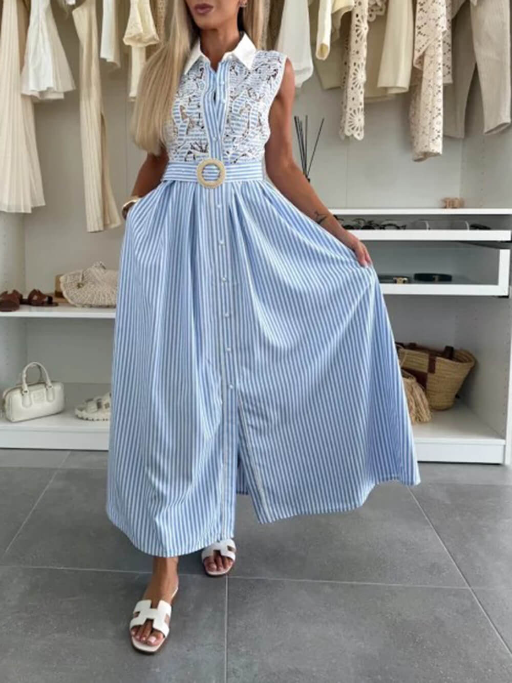 Retro Lace-Trimmed Splicing Striped Print Button-Down Maxi Dress