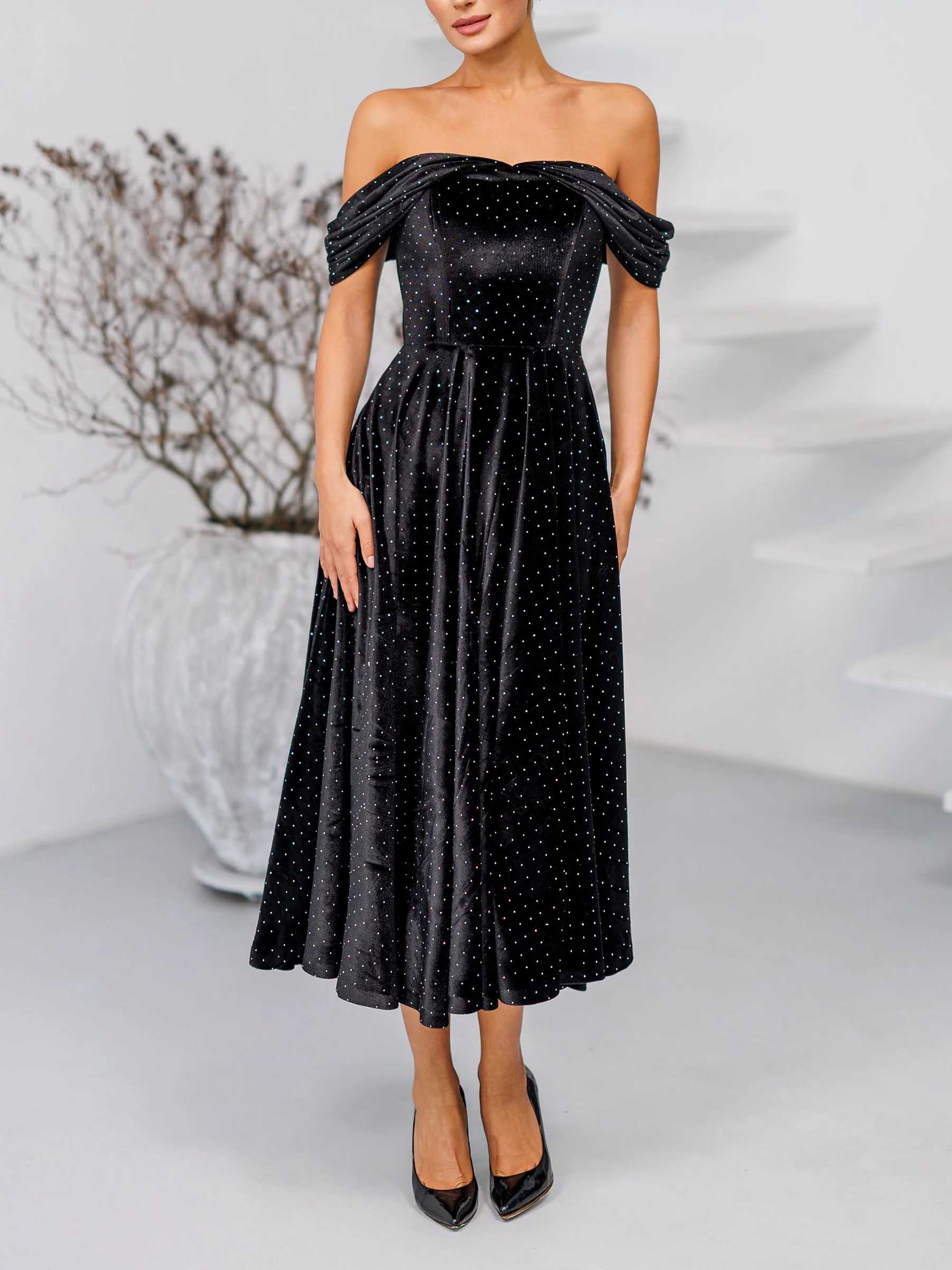 Elegant Off-Shoulder Velvet Rhinestone Midi Dress