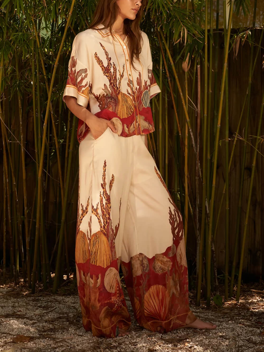 Exquisite Printed Collared Three-Quarter Sleeve Kimono Top