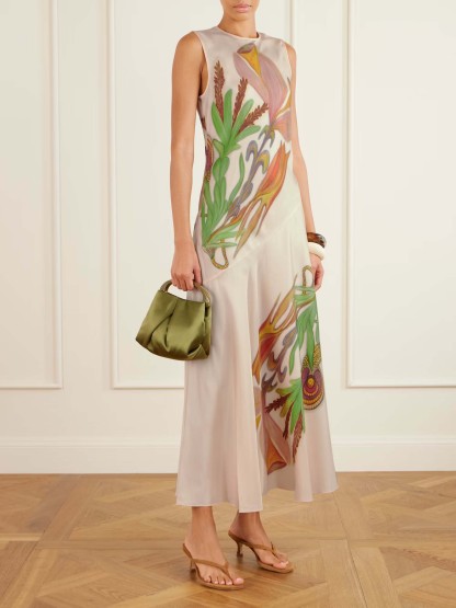 Elegant Satin Printed Sleeveless Maxi Dress
