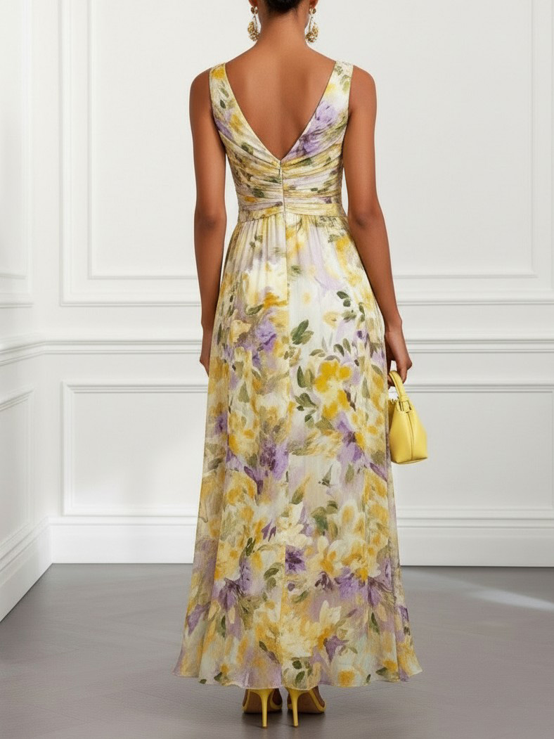 Elegant Sleeveless Twist Waist Floral Print Chiffon Maxi Dress