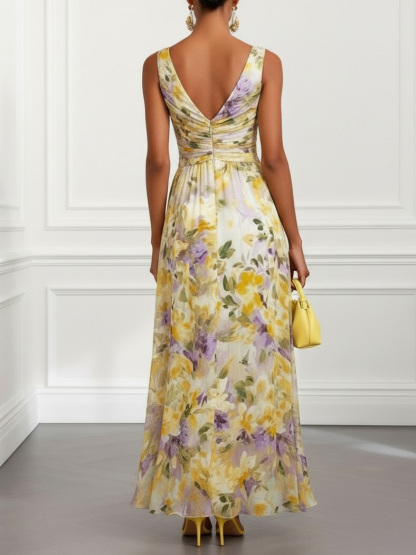 Elegant Sleeveless Twist Waist Floral Print Chiffon Maxi Dress