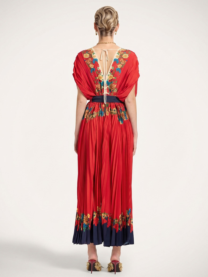 Exquisite V-Neck Pleated Print Maxi Dress