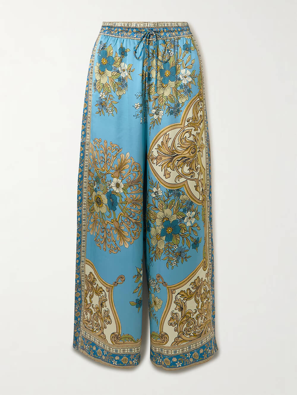 Unique Casual Floral Print Satin Elastic-Waist Pockets Wide-Leg Pants