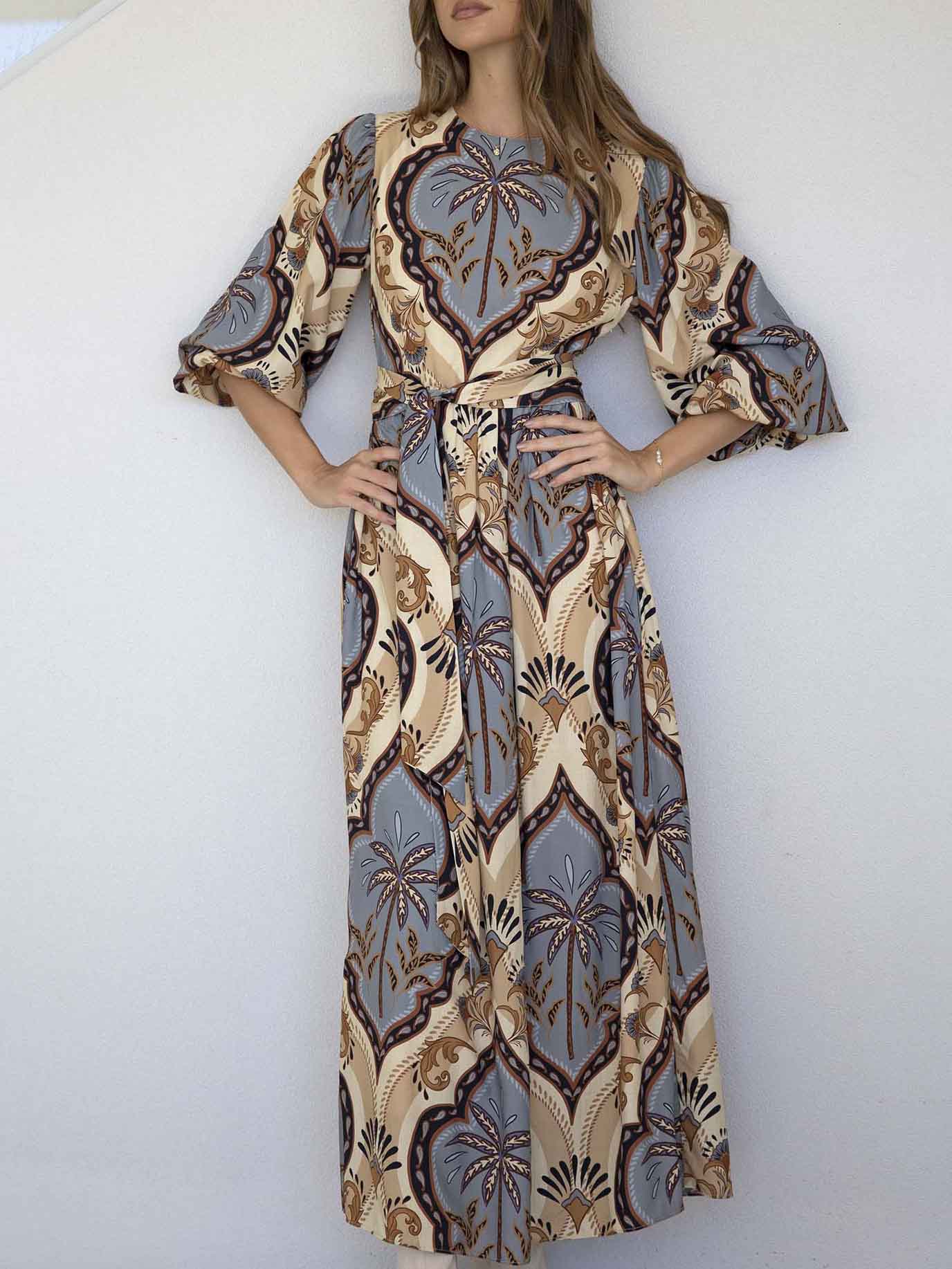 Elegant Vintage Palm Print Belted Maxi Dress