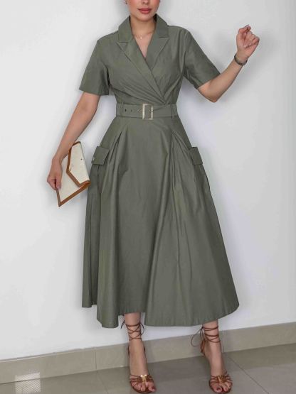Casual Notched Collar Short-Sleeve Tie-Waist Shirt Midi Dress