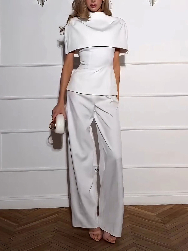 Elegant Cape-Style Top & Wide-Leg Pants Two-Piece Set