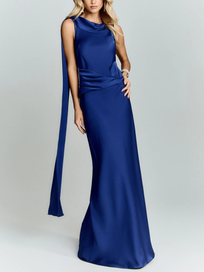 Elegant Satin Draped Shoulder Maxi Dress