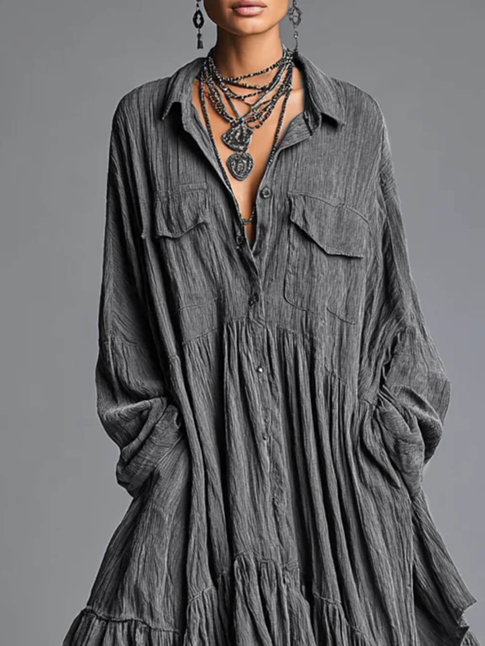 Casual Linen Loose Shirt-Style Pocket Maxi Dress