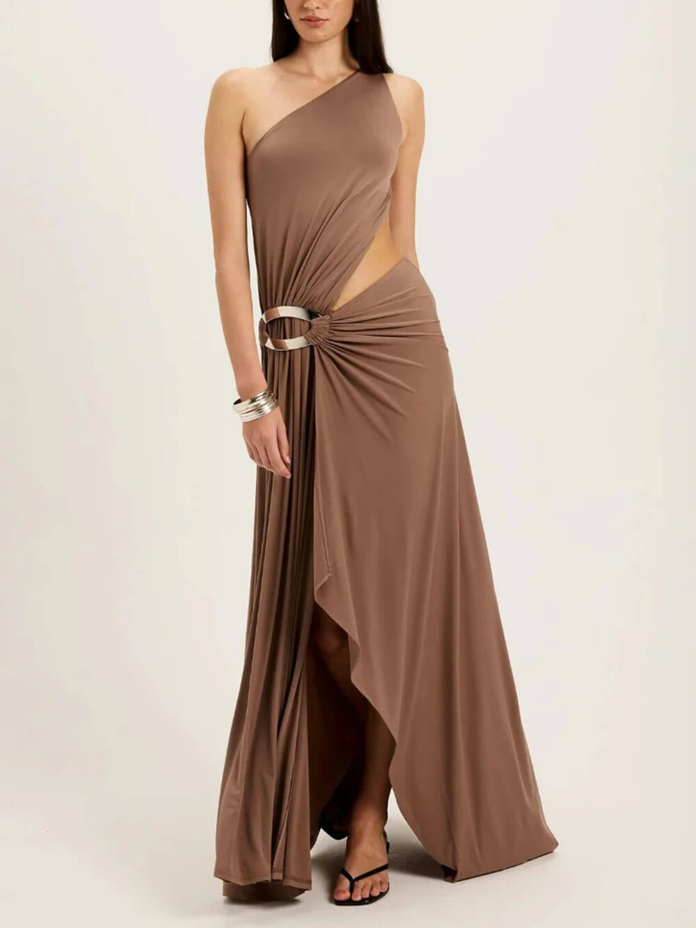 Elegant Asymmetrical One-Shoulder Draped High-Slit Maxi Dress