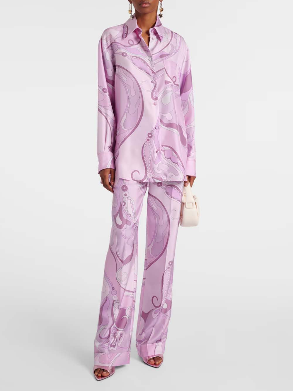 Exquisite Orchid Print Satin Twill Button Pocket Straight-Leg Pants