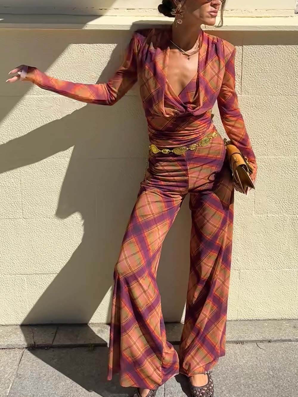 Unique Plaid Print Sheer High-Waist Straight Pants