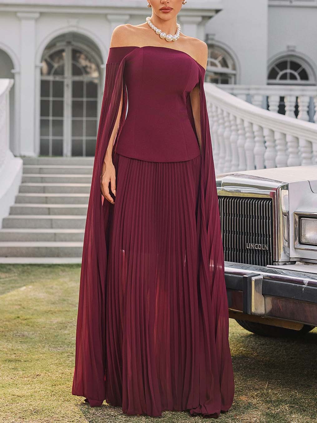 Elegant Off-shoulder Pleated Shawl Maxi Skirt Set