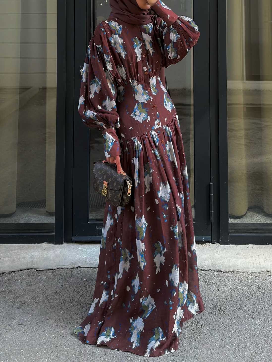 Retro Floral Print Pleated Balloon Sleeve Maxi Dress