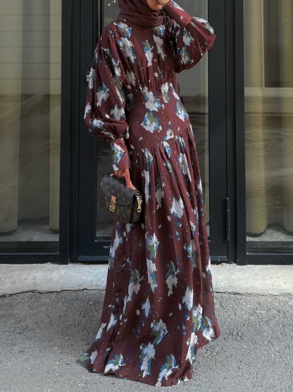 Retro Floral Print Pleated Balloon Sleeve Maxi Dress