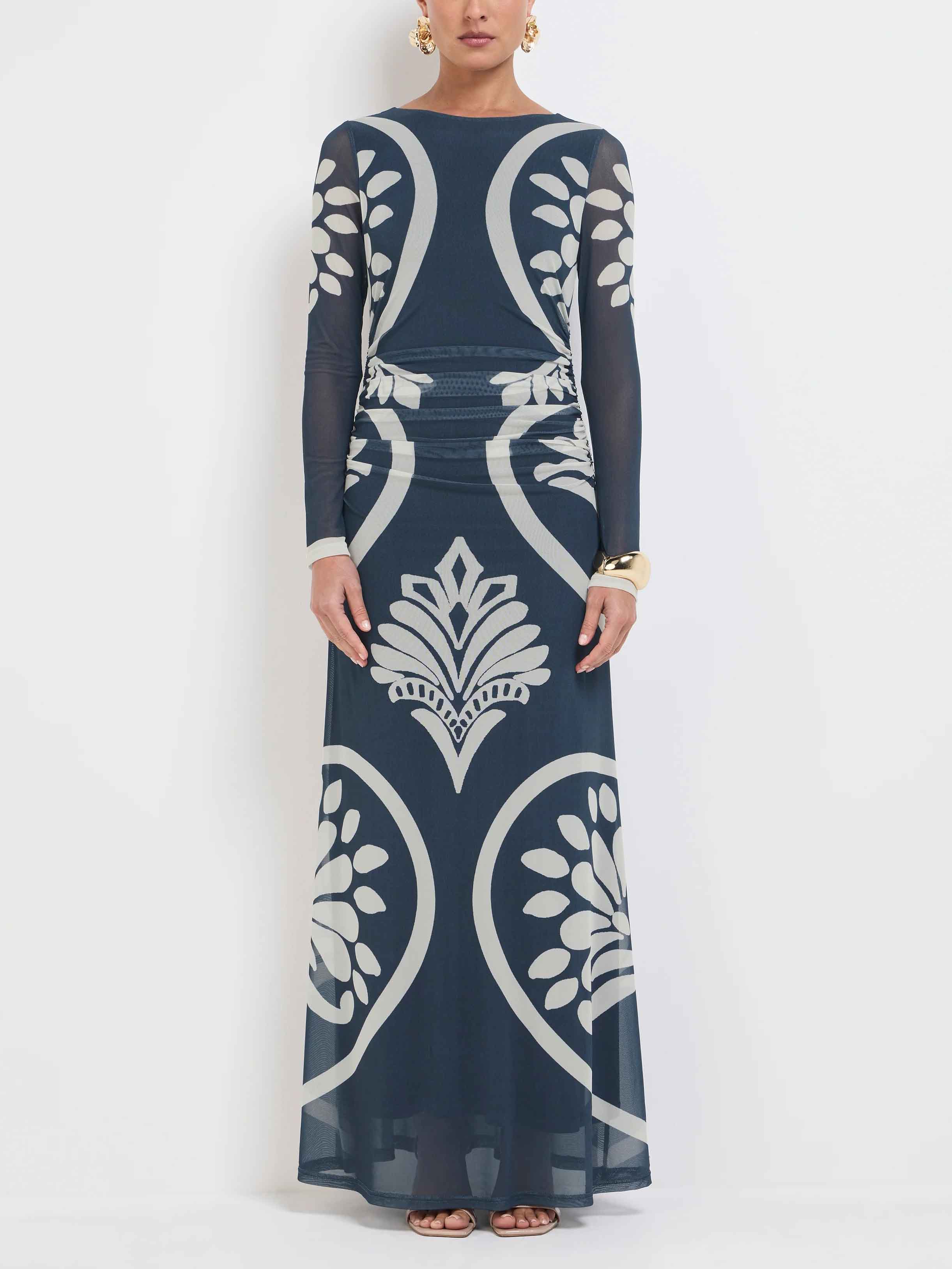 Elegant Floral Geometric Print Mesh Maxi Dress