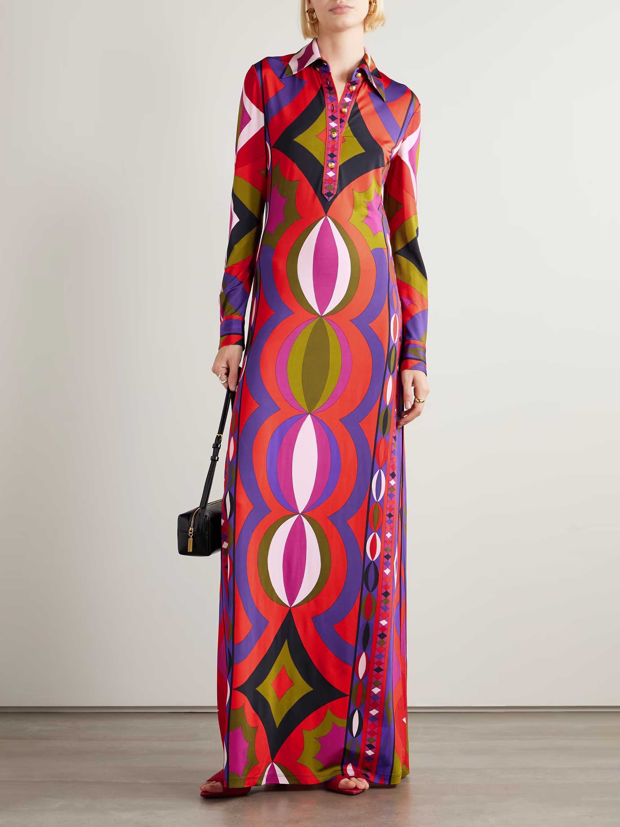 Unique Retro Abstract Print Shirt Collar Maxi Dress