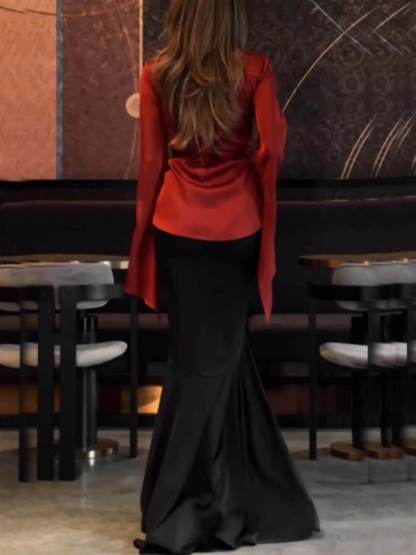 Fashion Satin Button Front Center Cross Straps Long Bell Sleeve Shirt