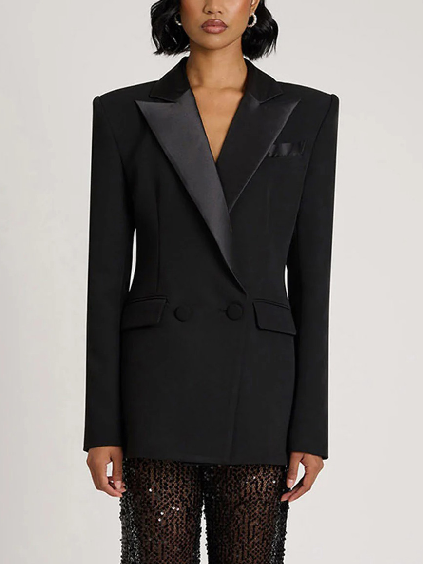 Elegant Satin Lapel Double-Breasted Blazer