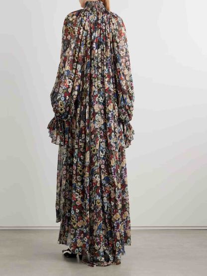 Casual Pleated Printed Chiffon High-Neck Maxi Dress